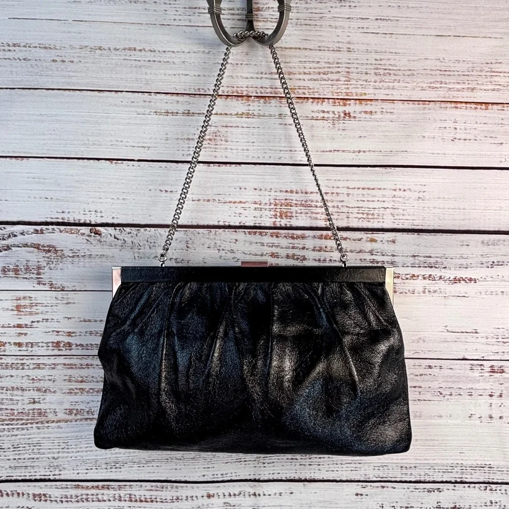 Vintage Talbots Black Leather Gathered Frame Clutch Bag Silver Chain Strap